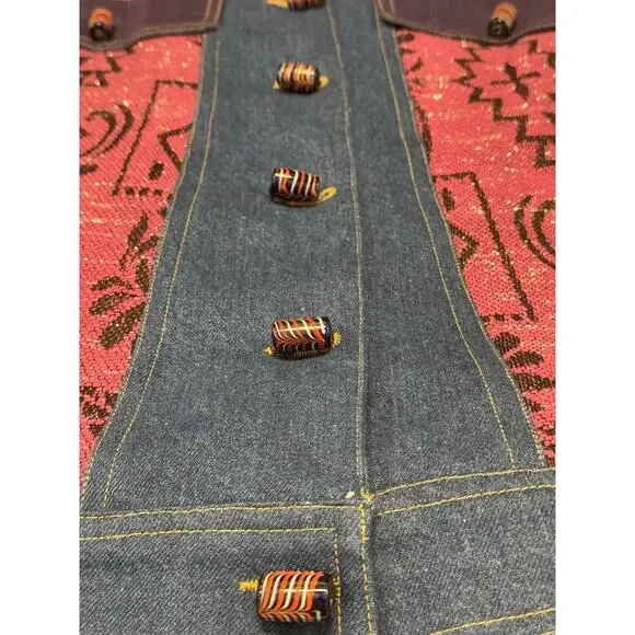 Indigo Moon Denim Chambray Medium Coat Pink Aztec Accent Purple Trim Embellish - Picture 6 of 13